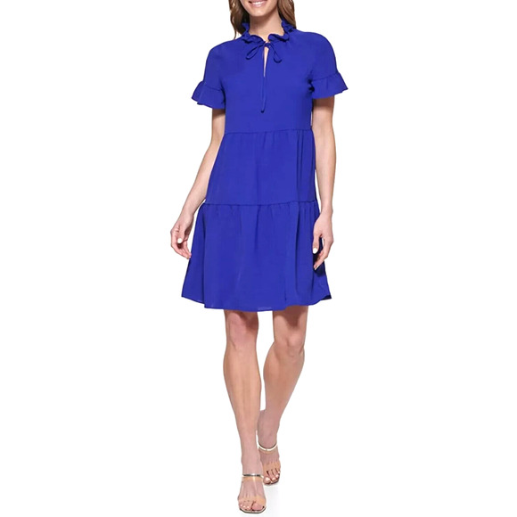 DKNY Tie Neck Dress Berry Blue Mini Short Sleeve Ruffled Tiered 6 S - Picture 1 of 8